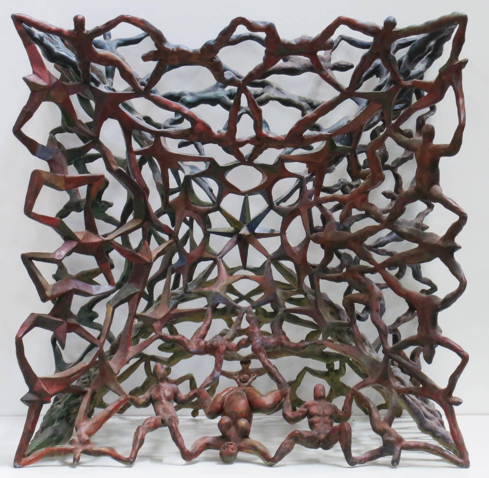 "Little Universe", cubic sculpture of linked figures, in deep bronzes and blues - Sculpture by Howard Kalish