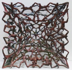 "Little Universe", cubic sculpture of linked figures, in deep bronzes and blues