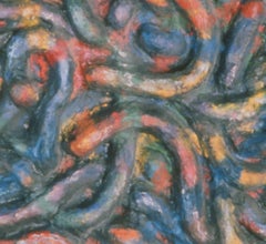 "Medusa", circular wall relief of interwoven serpentine forms in blues and reds