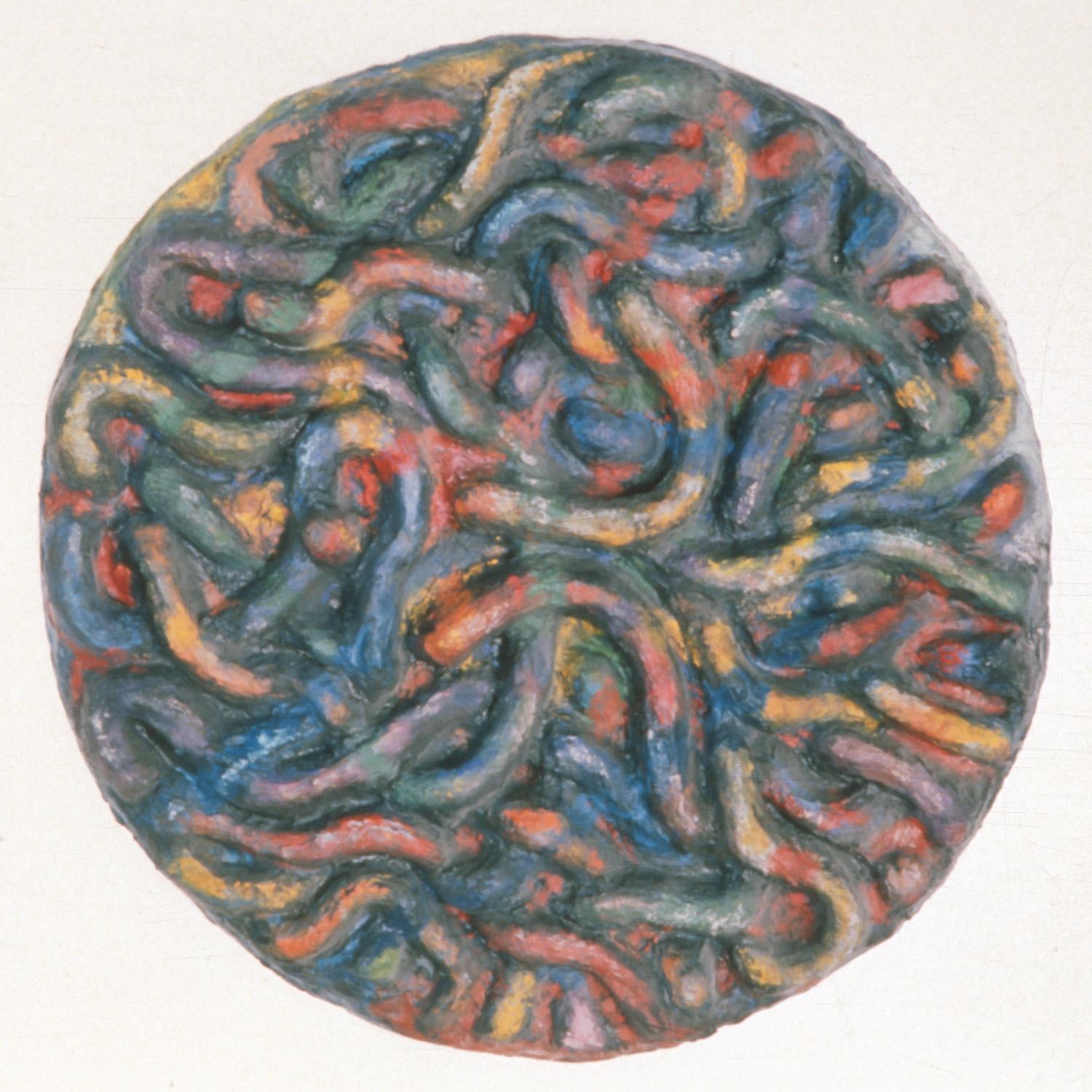 "Medusa", circular wall relief of interwoven serpentine forms in blues and reds - Sculpture by Howard Kalish
