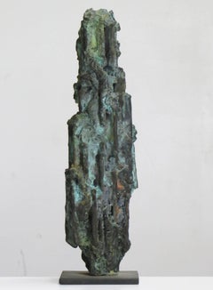"Old Man", intricately carved, textured tabletop bronze with a blue green patina