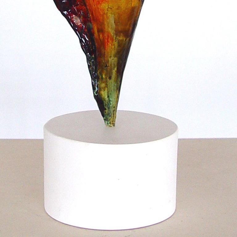 Shell Dance 4, translucent conch shell form in deep reds, pirouettes on a center point To Kalish, the most important factor in determining what a sculpture will become is the structural principle. The juxtaposition of forms and colors against each