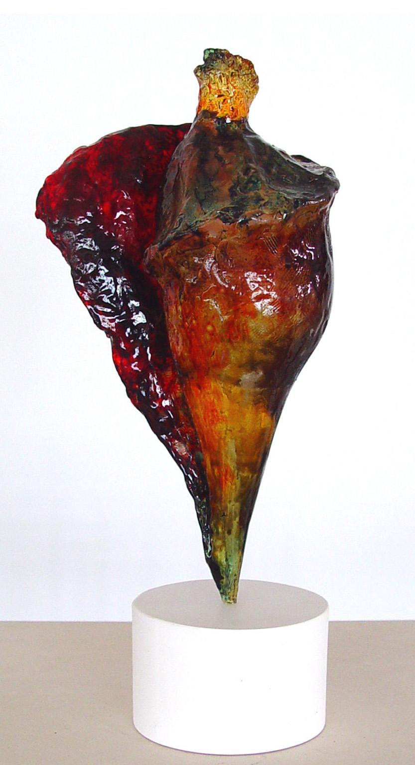 "Shell Dance 4" translucent conch shell form in deep reds pirouettes on a point  - Sculpture by Howard Kalish