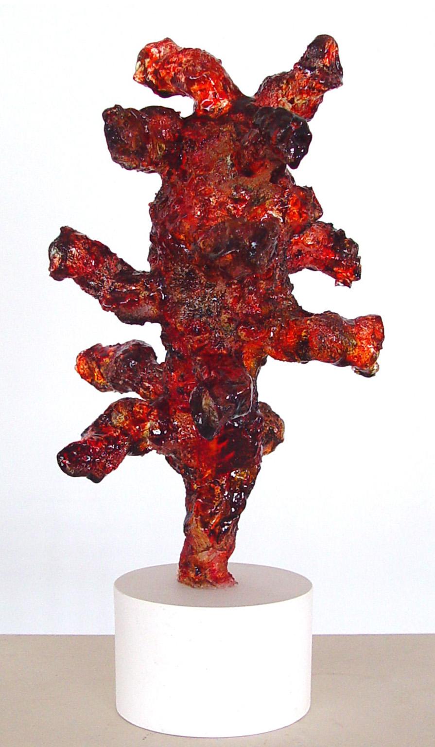 Howard Kalish Abstract Sculpture - "Shell Dance 5"  mythical animal in translucent red swings on multiple legs