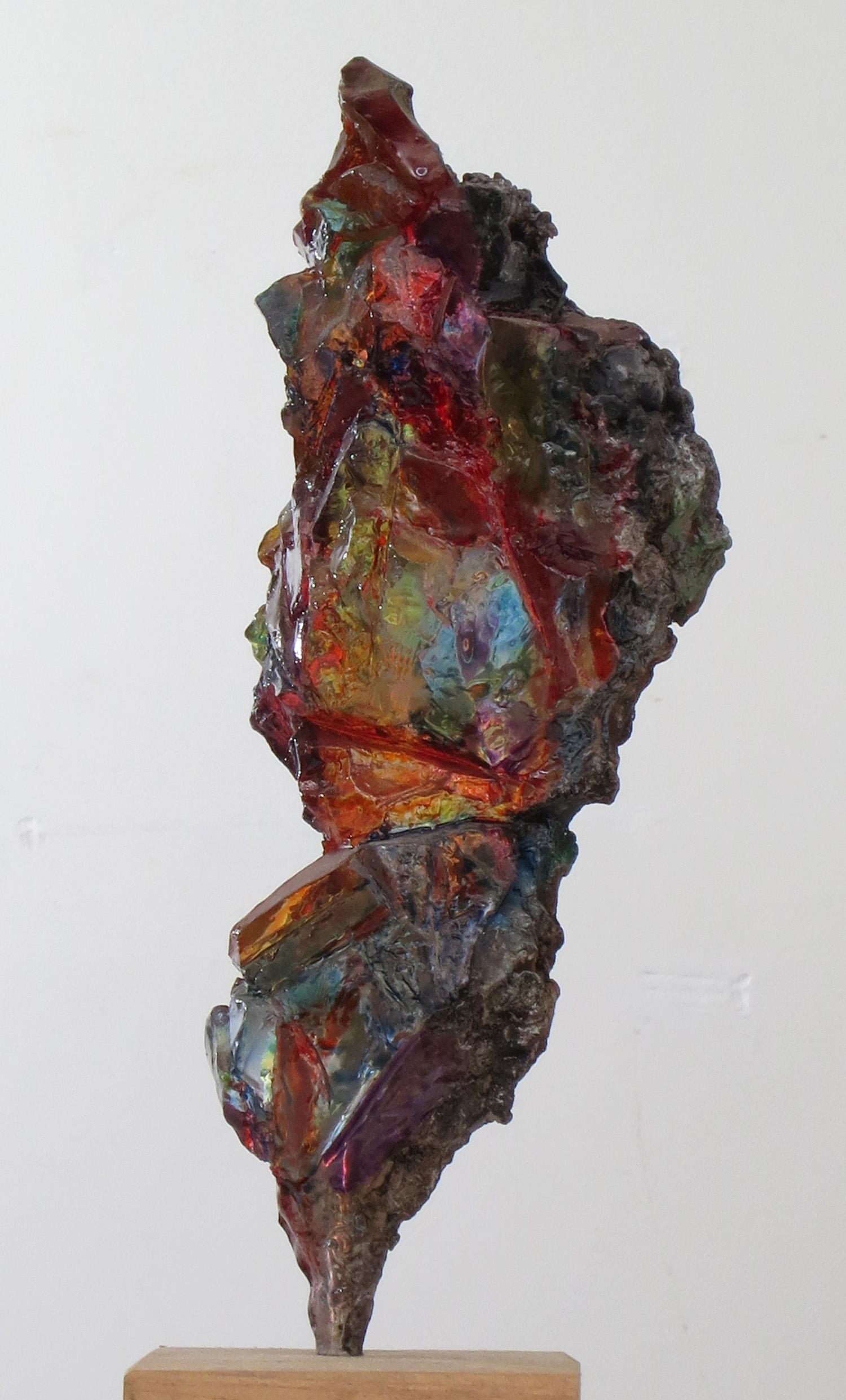 Howard Kalish Abstract Sculpture - "Shell Dance 7" translucent mineral crystal glows in deep reds and blues