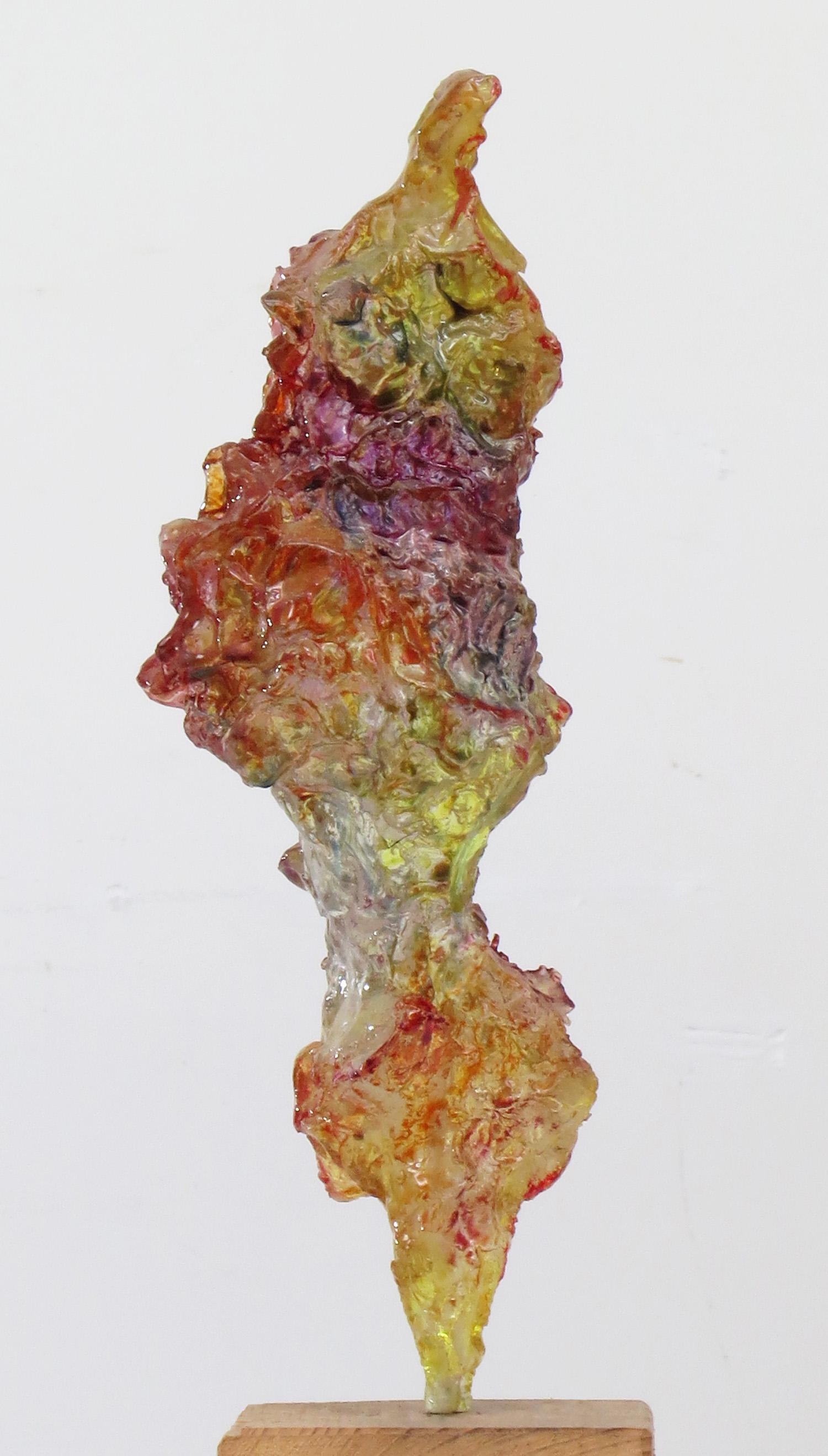 Howard Kalish Abstract Sculpture - "Shell Dance 8", translucent mineral crystal glows in yellow, red and violet