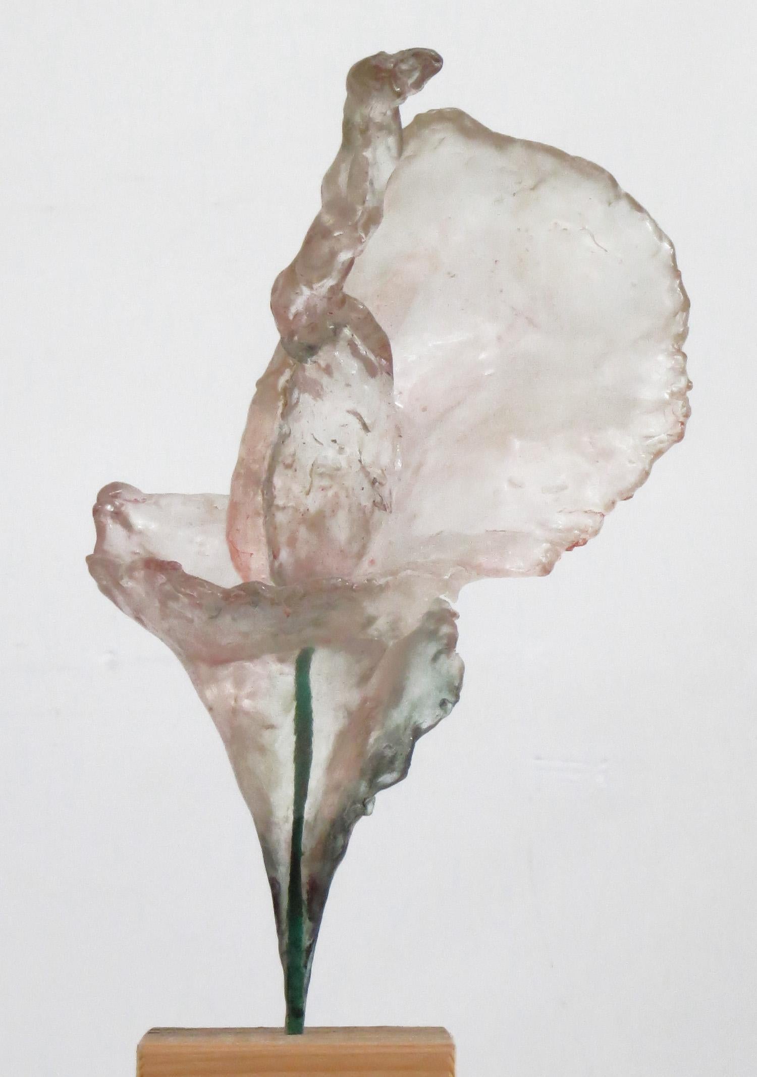 Howard Kalish Abstract Sculpture - "Shell Dance 15 (Lily)", transparent blossom shimmers in palest pink and green