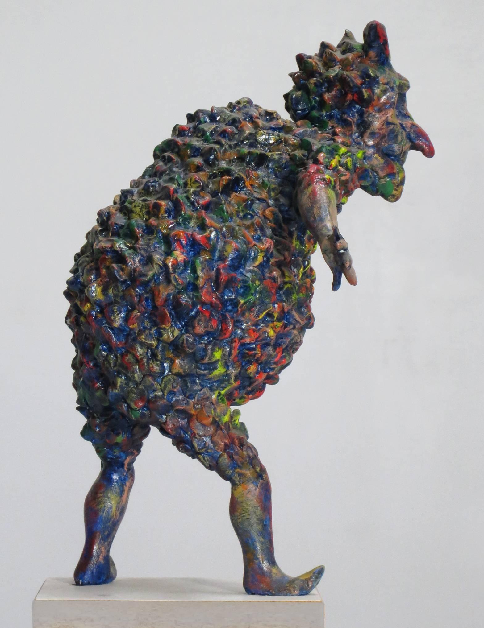 “Small Rigoletto”, jester of Verdi opera, romps in reds, blues, and greens - Abstract Sculpture by Howard Kalish