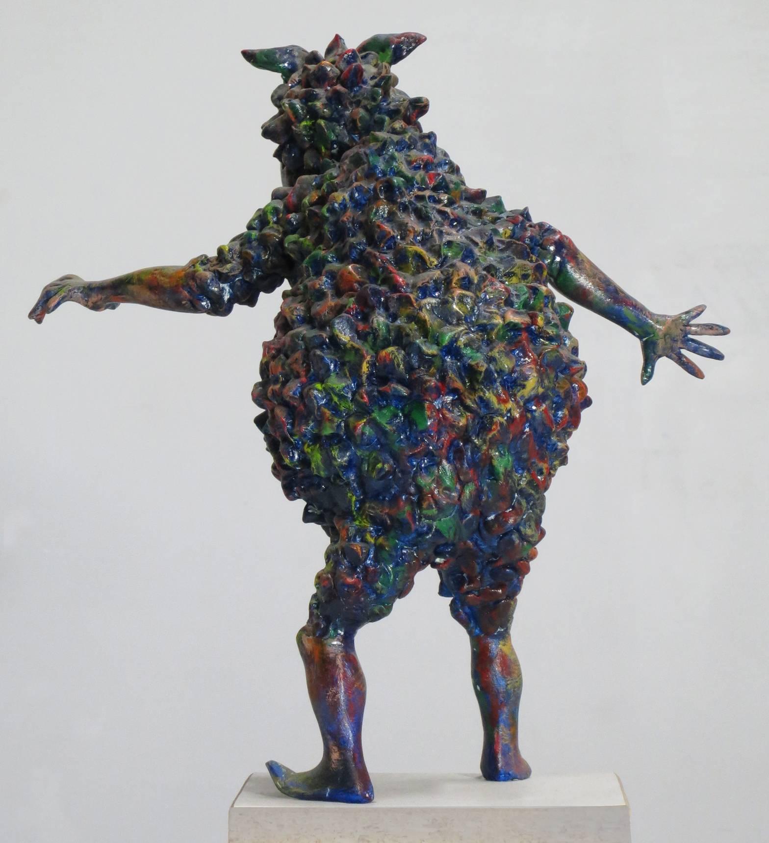 “Small Rigoletto”, jester of Verdi opera, romps in reds, blues, and greens - Gray Figurative Sculpture by Howard Kalish