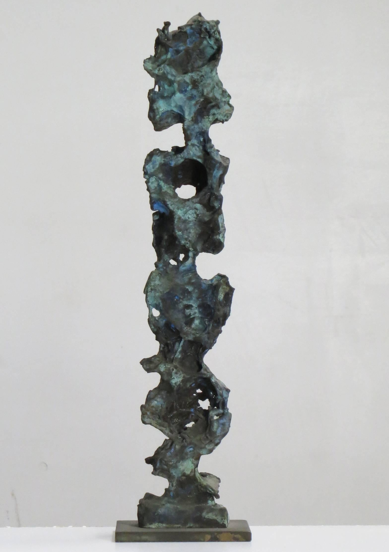 "Stoic", intricately carved, textured tabletop bronze with a blue green patina   - Sculpture by Howard Kalish