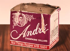 Andre: Retro 1970s champagne and wood grain still life, realist pop art style 