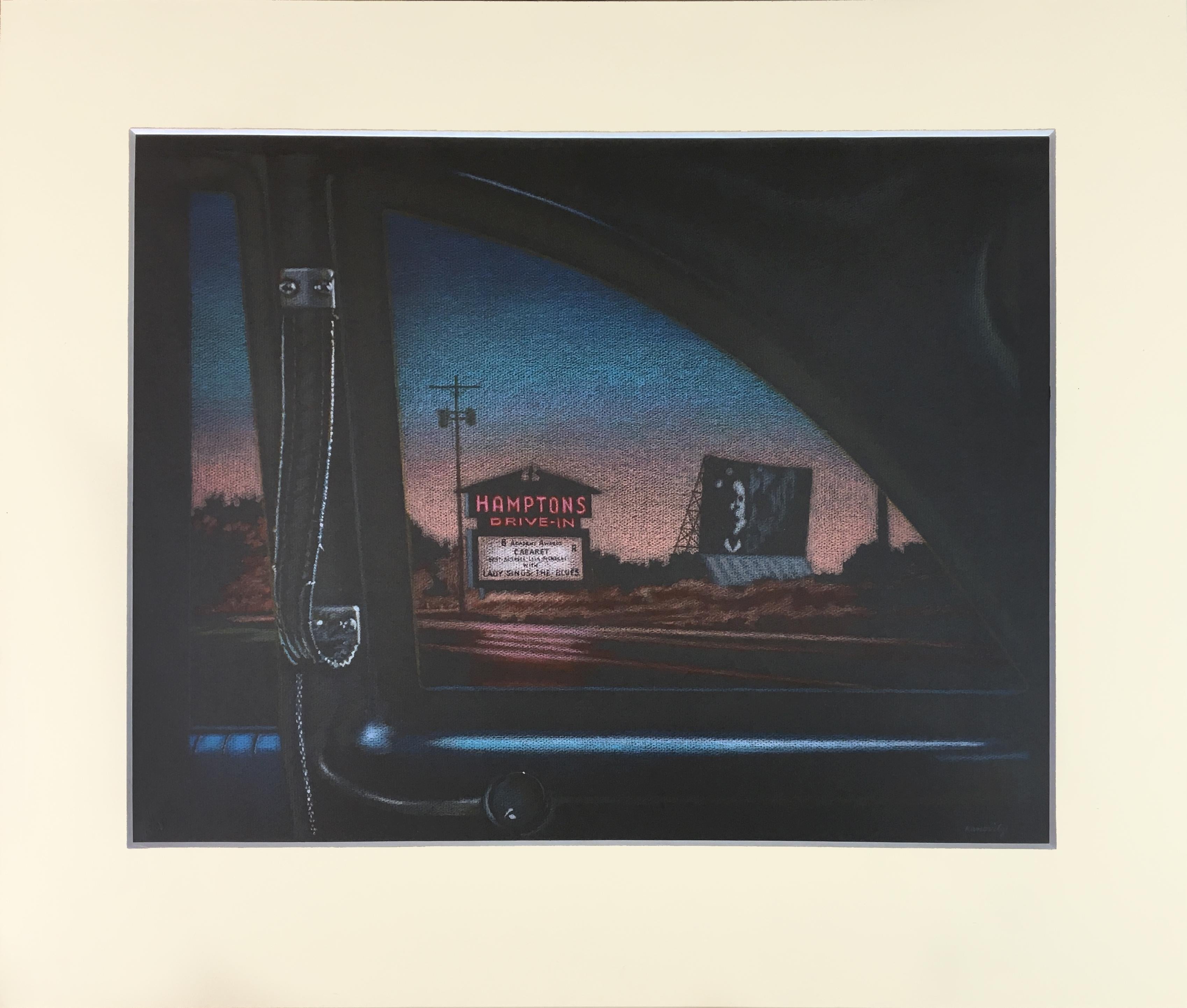 Hamptons Drive In: night cityscape with neon and sunset - Black Landscape Print by Howard Kanovitz