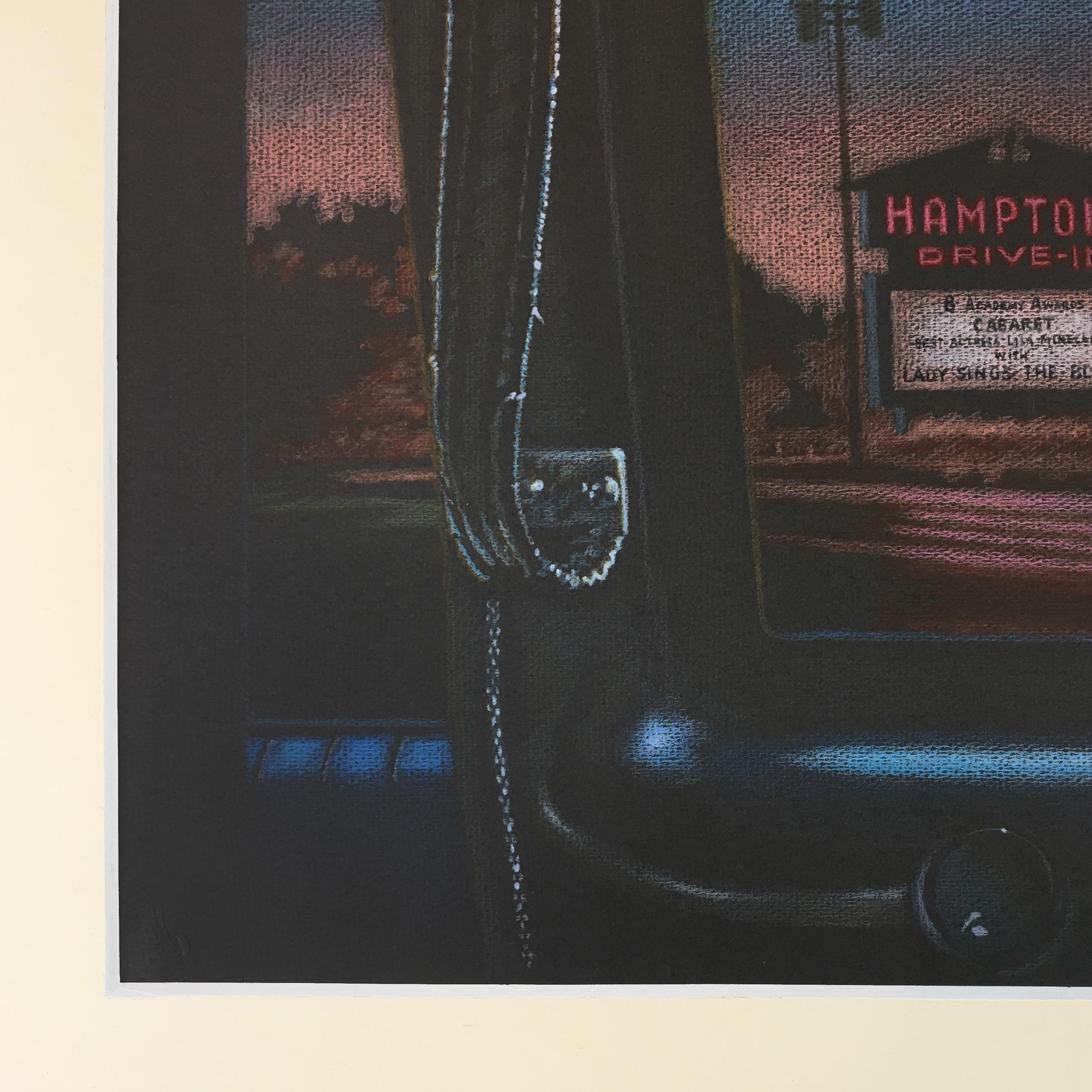 Matting: 32.5 x 27.5
Paper: 25.5 x 19.75

Pastel on black textured paper, in cream-colored natural fiber matting. 

This work features one of Kanovitz' favorite subjects: a drive in movie theater in the Hamptons. Kanovitz, whose artistic output was