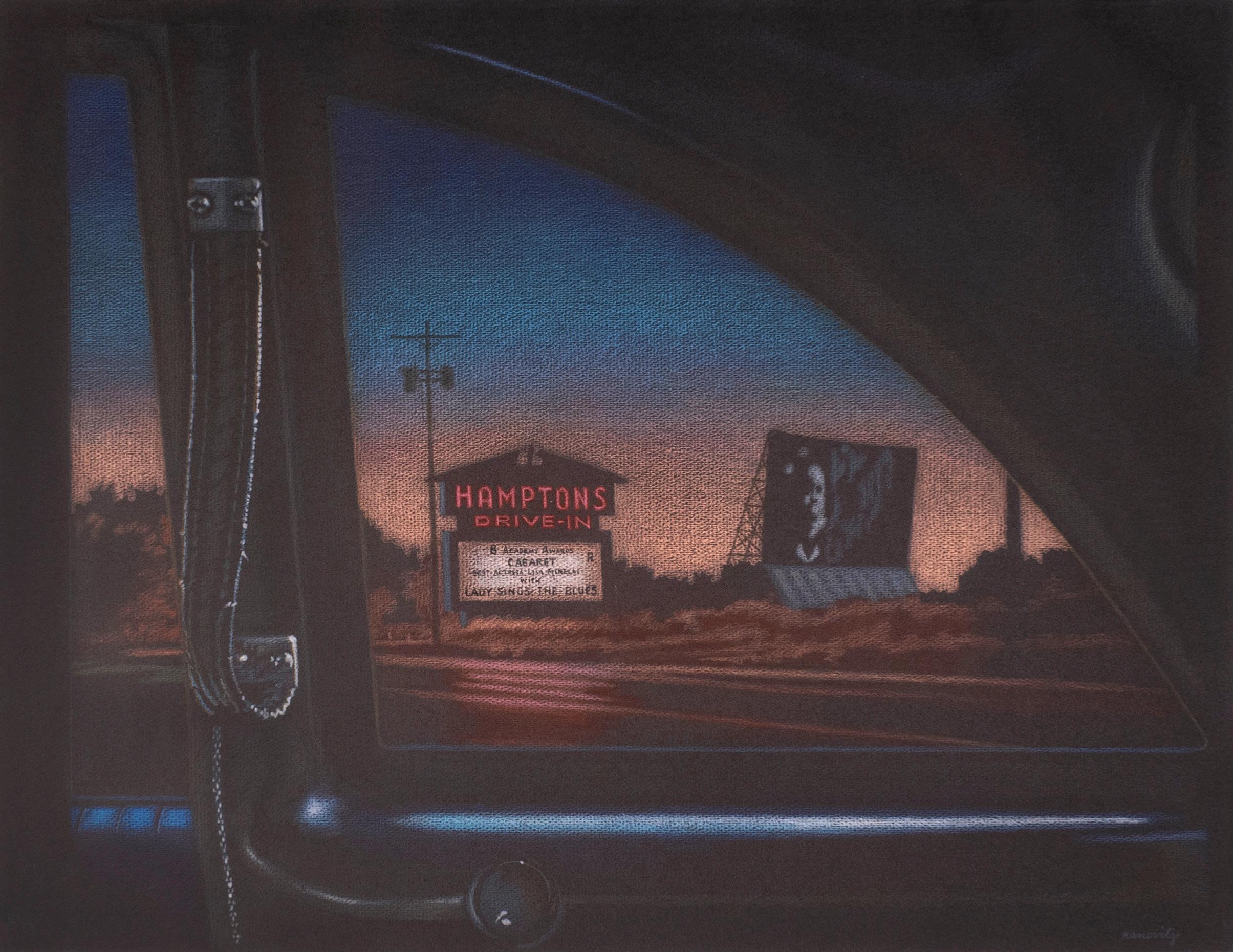 Howard Kanovitz Landscape Print - Hamptons Drive In: night cityscape with neon and sunset