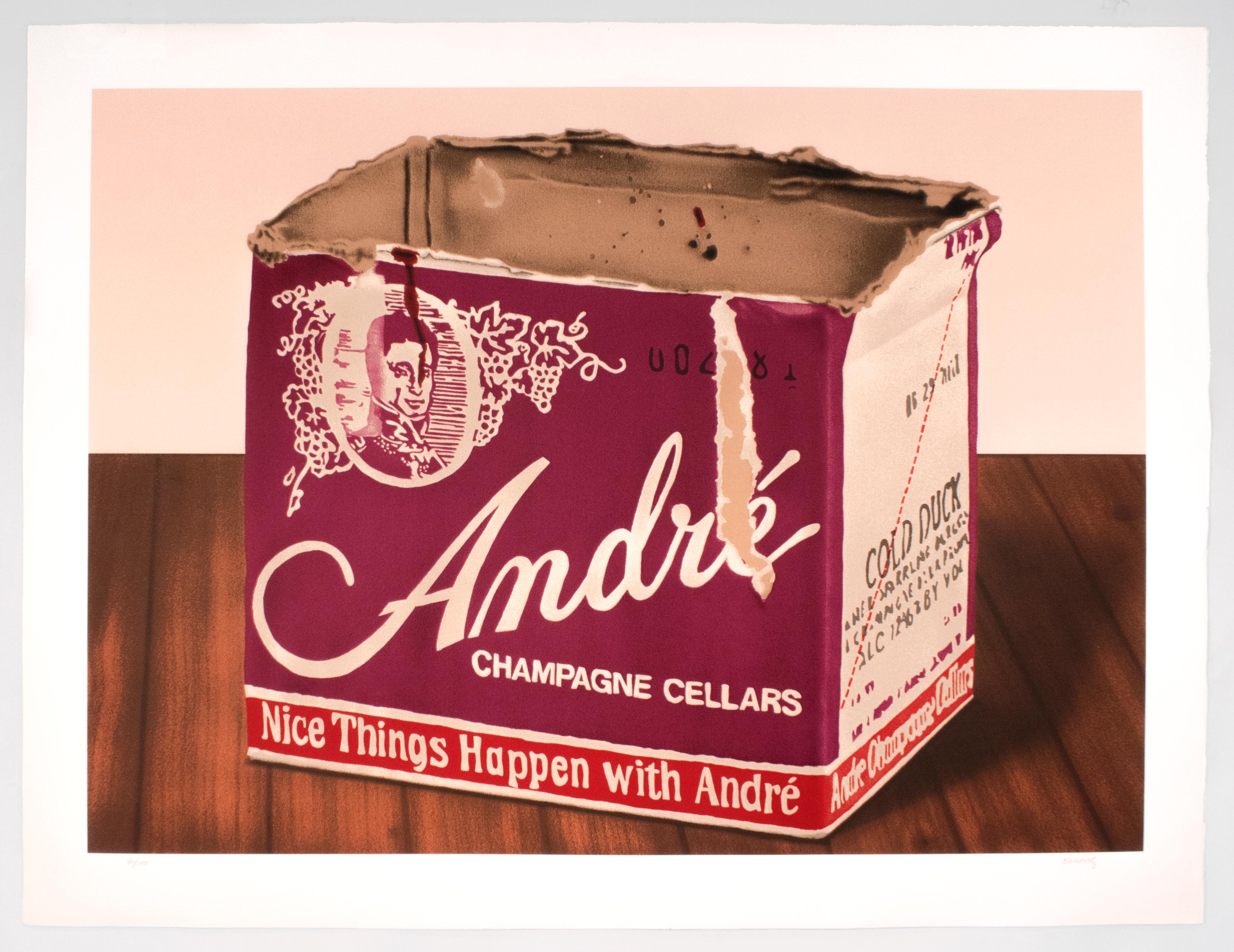 Kanovitz Andre champagne: natura morta vintage anni '70 in stile pop art con venature del legno - Print di Howard Kanovitz