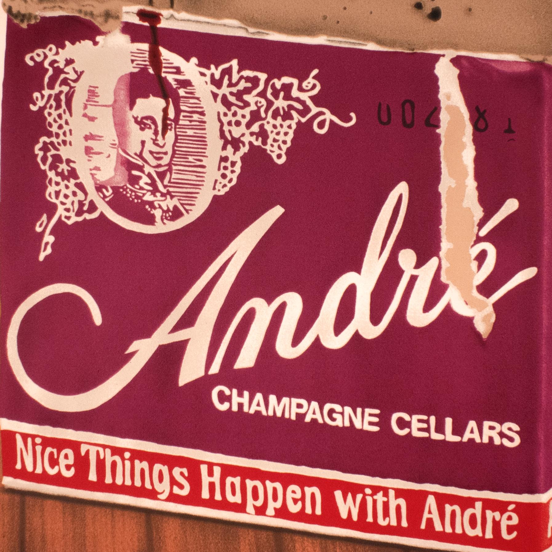 This richly-hued screenprint depicts the ripped-open box packaging for Andre Champagne Cellars. On the side of the box is printed 