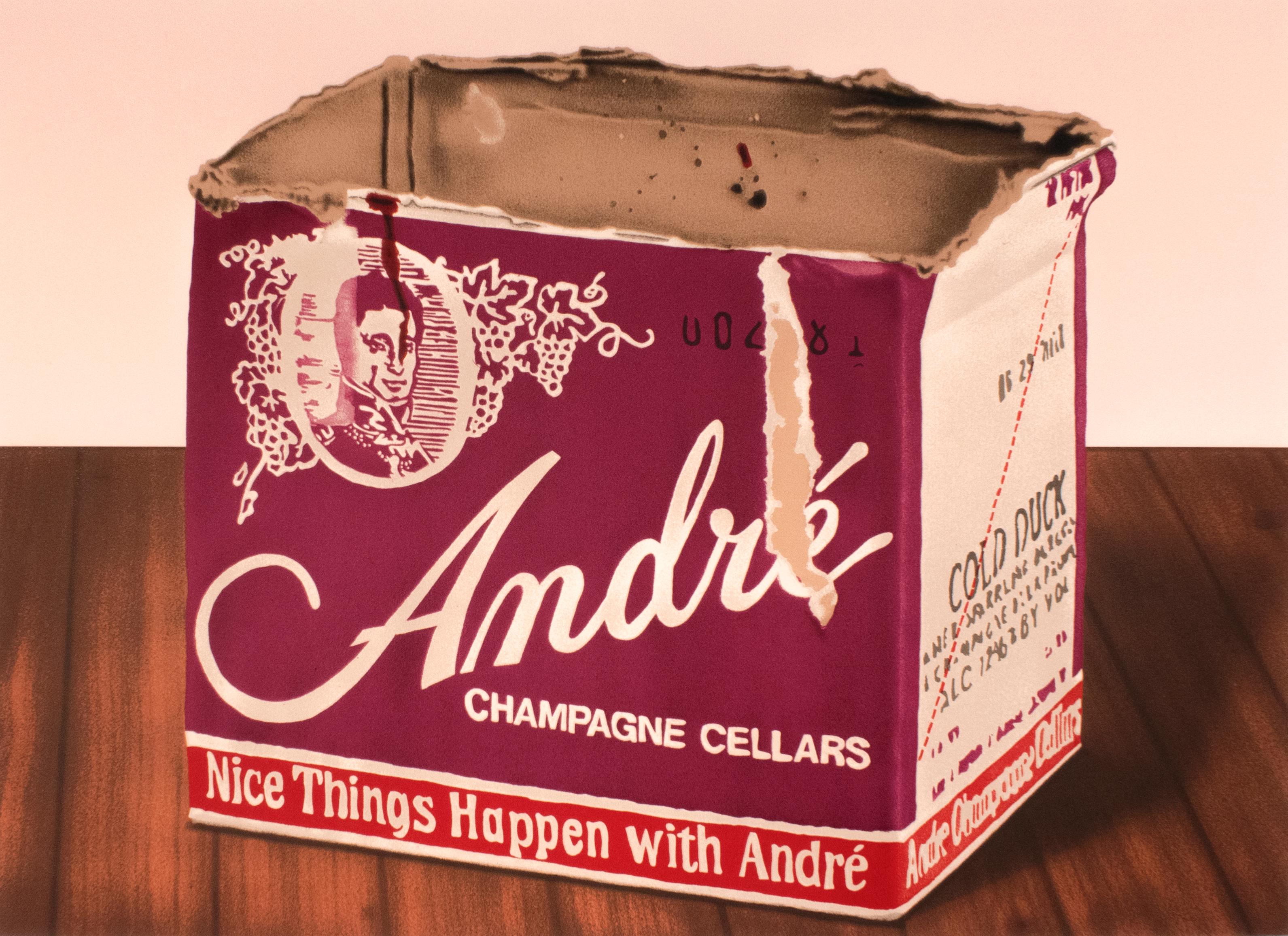 Kanovitz Andre champagne: vintage 1970s wood grain still life pop art style 