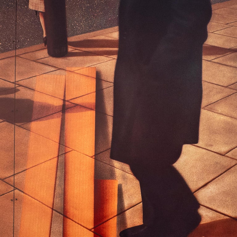 Kanovitz Surrealist cityscape street scene with pedestrians and geometric forms  - Realist Print by Howard Kanovitz