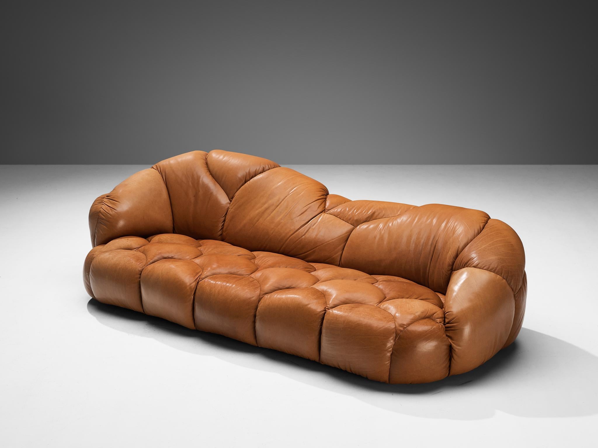 Howard Keith for HK Furniture, 'Cloud' sofa, leather, United Kingdom, 1970s.

The Howard Keith 'Cloud' sofa is a remarkable piece of furniture characterized by its captivating organic forms. With its low seat, sinuous contours, and generously