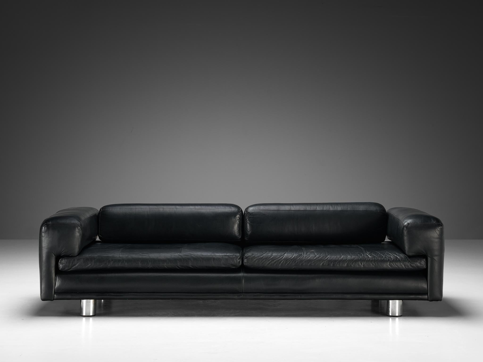 Steel Howard Keith 'Diplomat' Sofa in Black Leather  For Sale