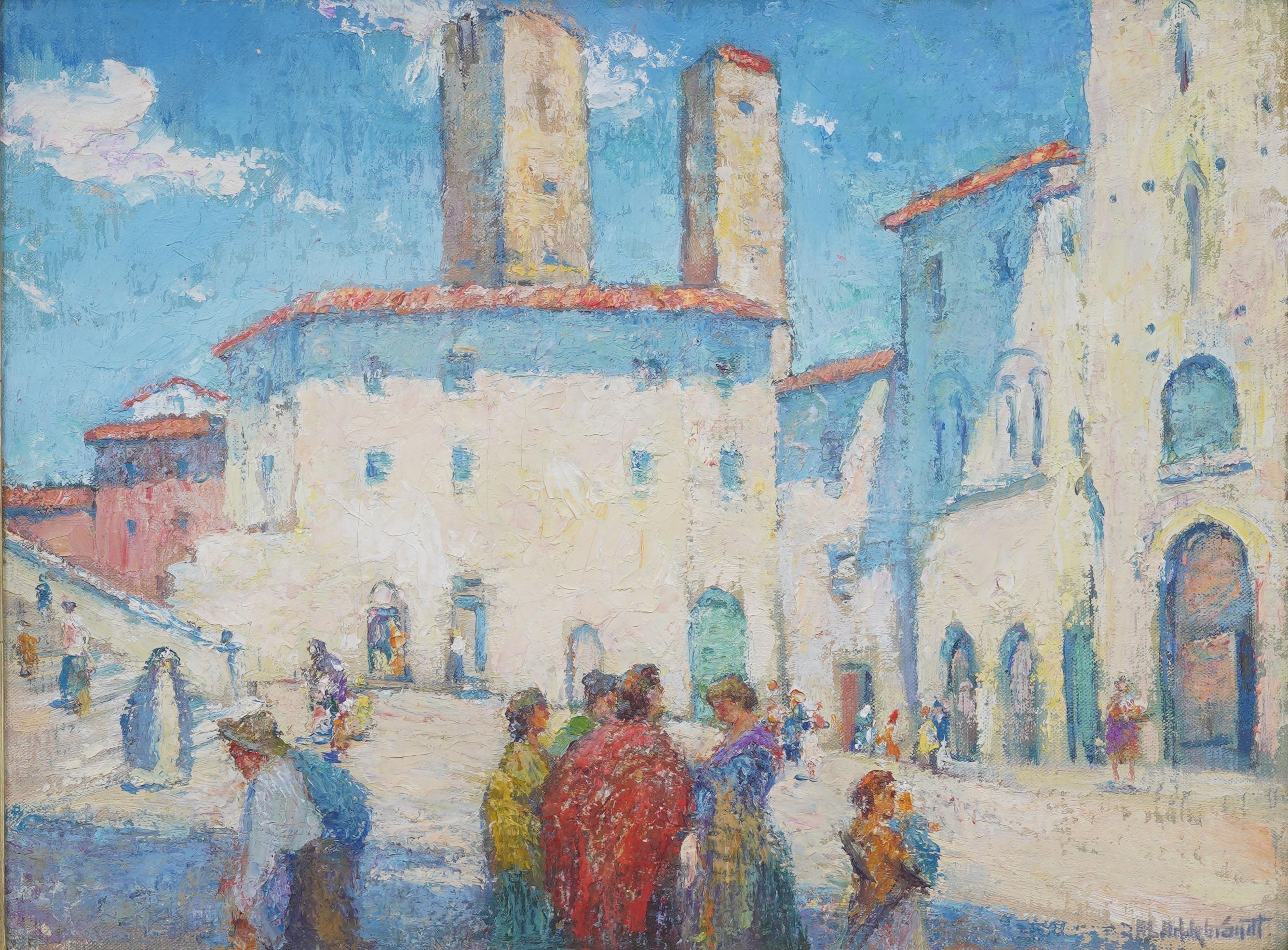 Antike amerikanische Impressionist italienische San Gimignano Straßenszene Ölgemälde (Impressionismus), Painting, von Howard Logan Hildebrandt