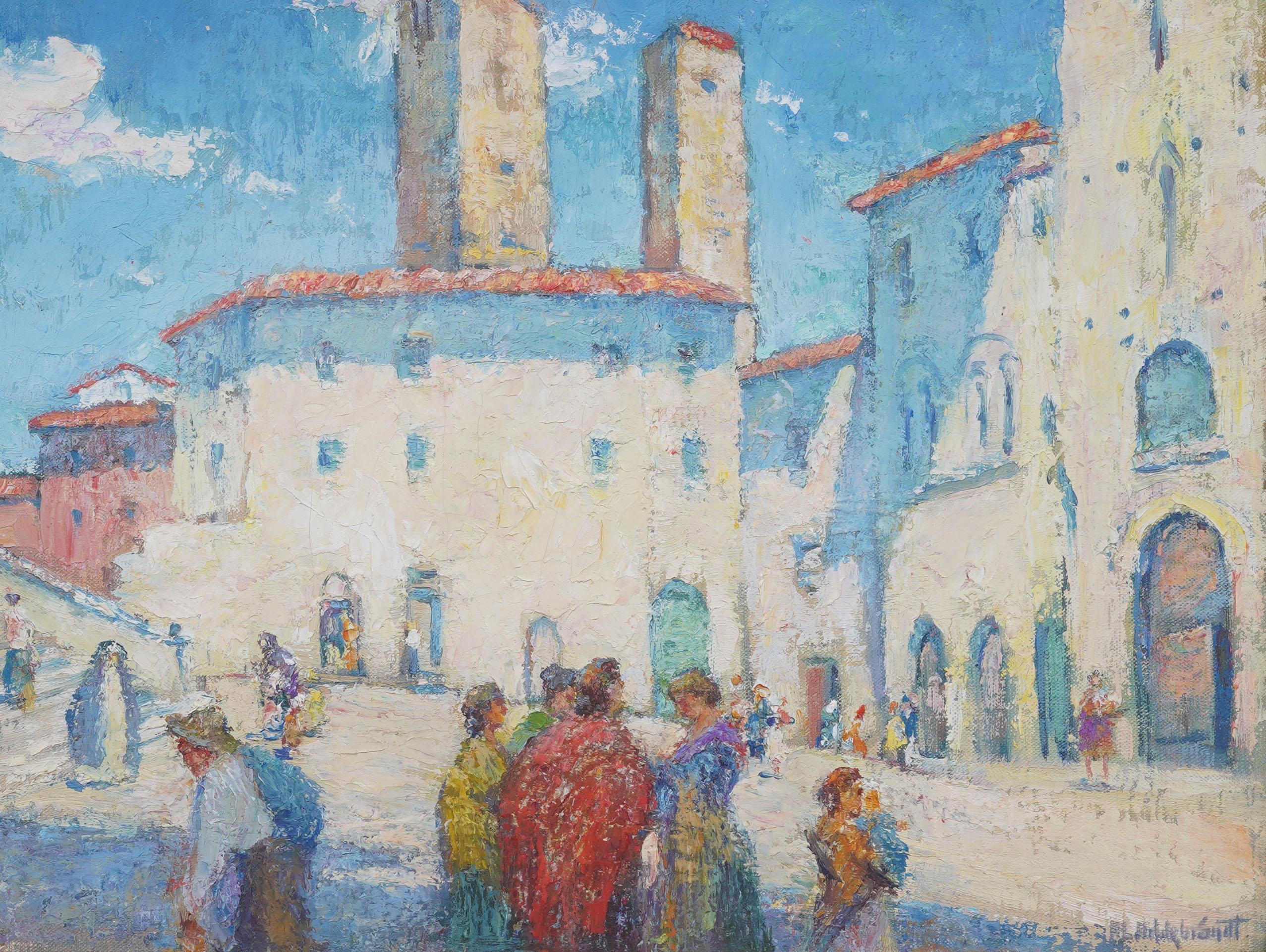 Antike amerikanische Impressionist italienische San Gimignano Straßenszene Ölgemälde (Braun), Landscape Painting, von Howard Logan Hildebrandt