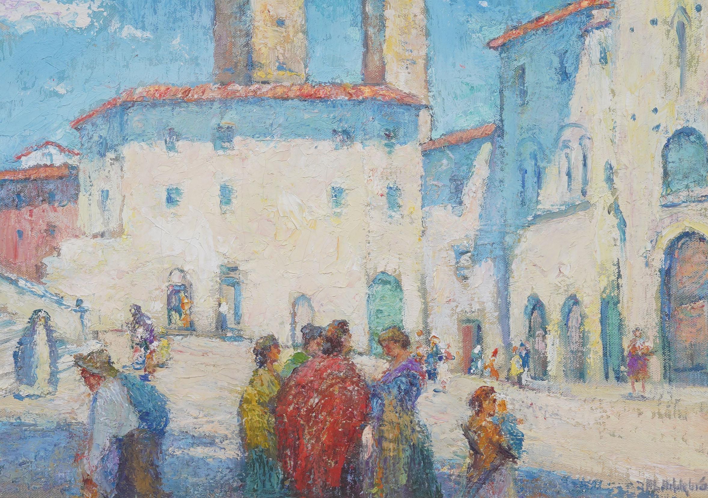 Antike amerikanische Impressionist italienische San Gimignano Straßenszene Ölgemälde im Angebot 1