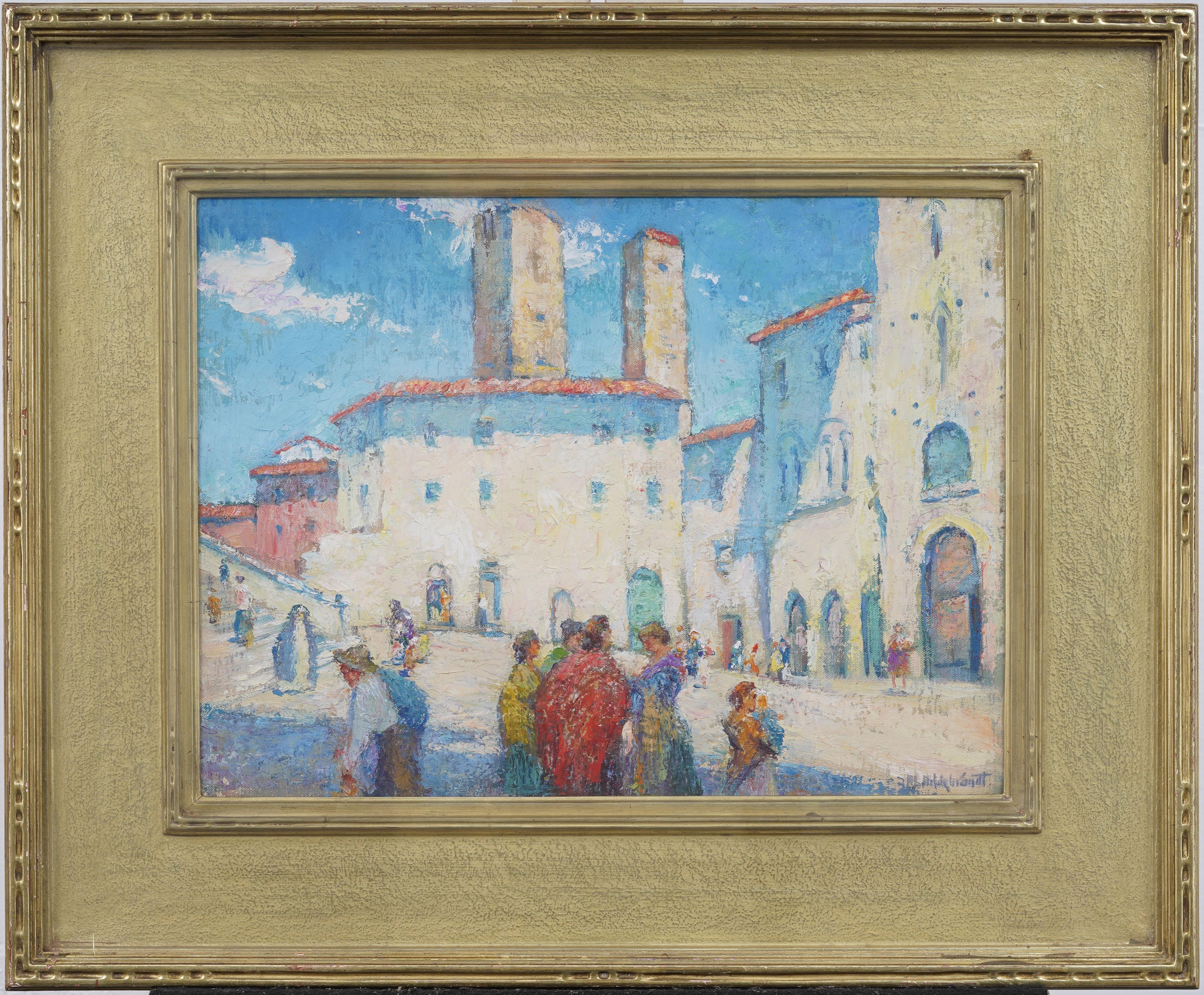 Howard Logan Hildebrandt Landscape Painting – Antike amerikanische Impressionist italienische San Gimignano Straßenszene Ölgemälde