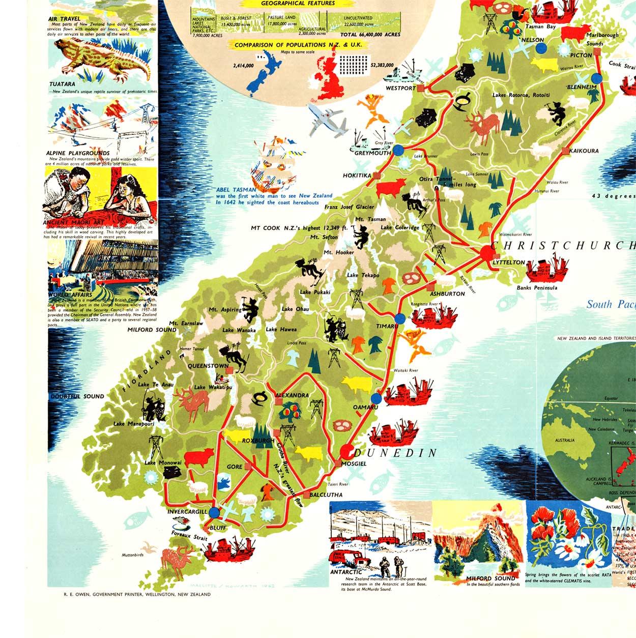 Poster d'epoca originale della Nuova Zelanda Mappa e attività - Figurative Print Beige di Howard Mallitte