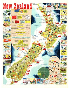 Poster d'epoca originale della Nuova Zelanda Mappa e attività