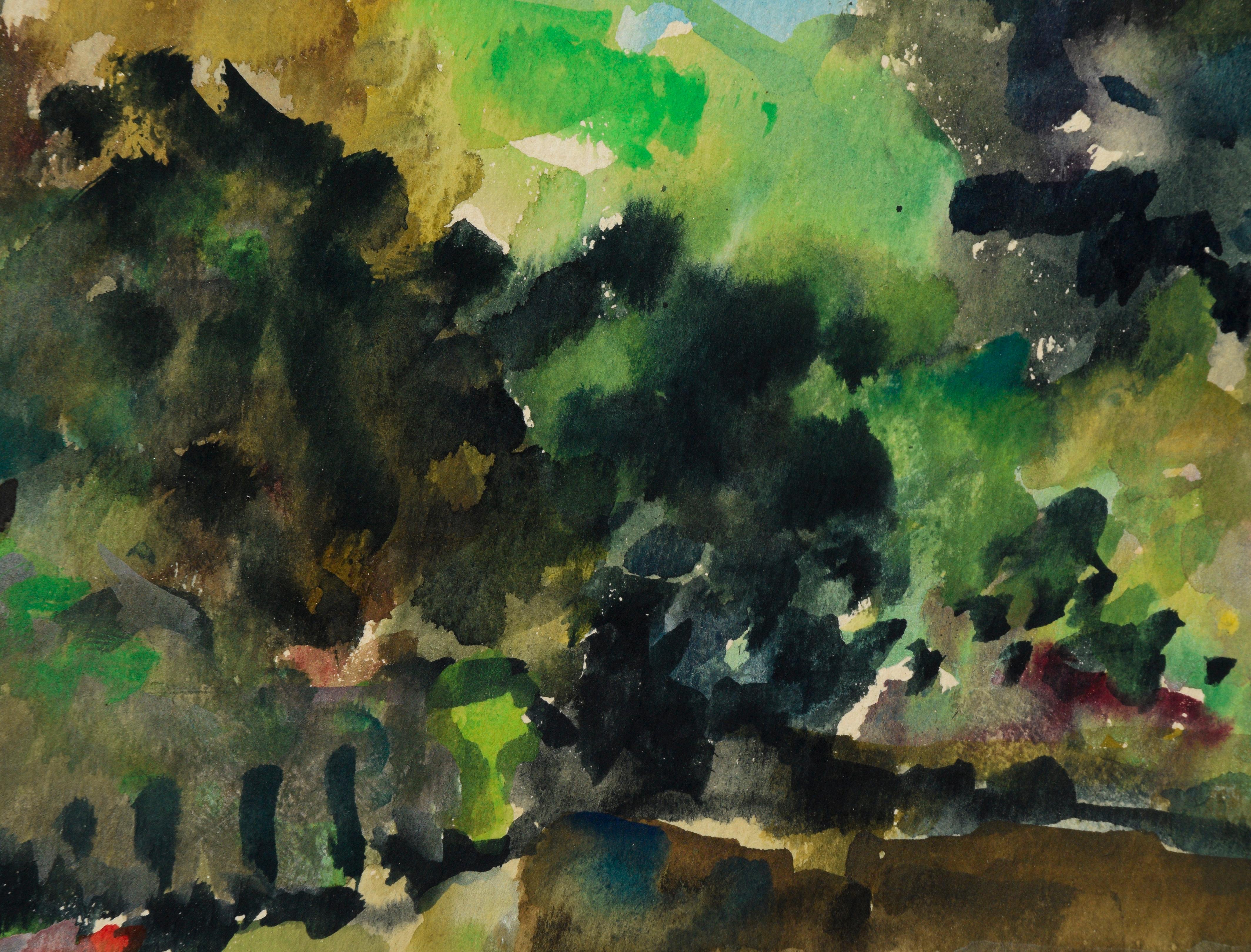 Brillante y colorido paisaje abstracto y expresivo de mediados de siglo del lago Anza, en Berkeley, obra del artista del Área de la Bahía Howard Margolis (estadounidense, 1927-2015). Firmado 
