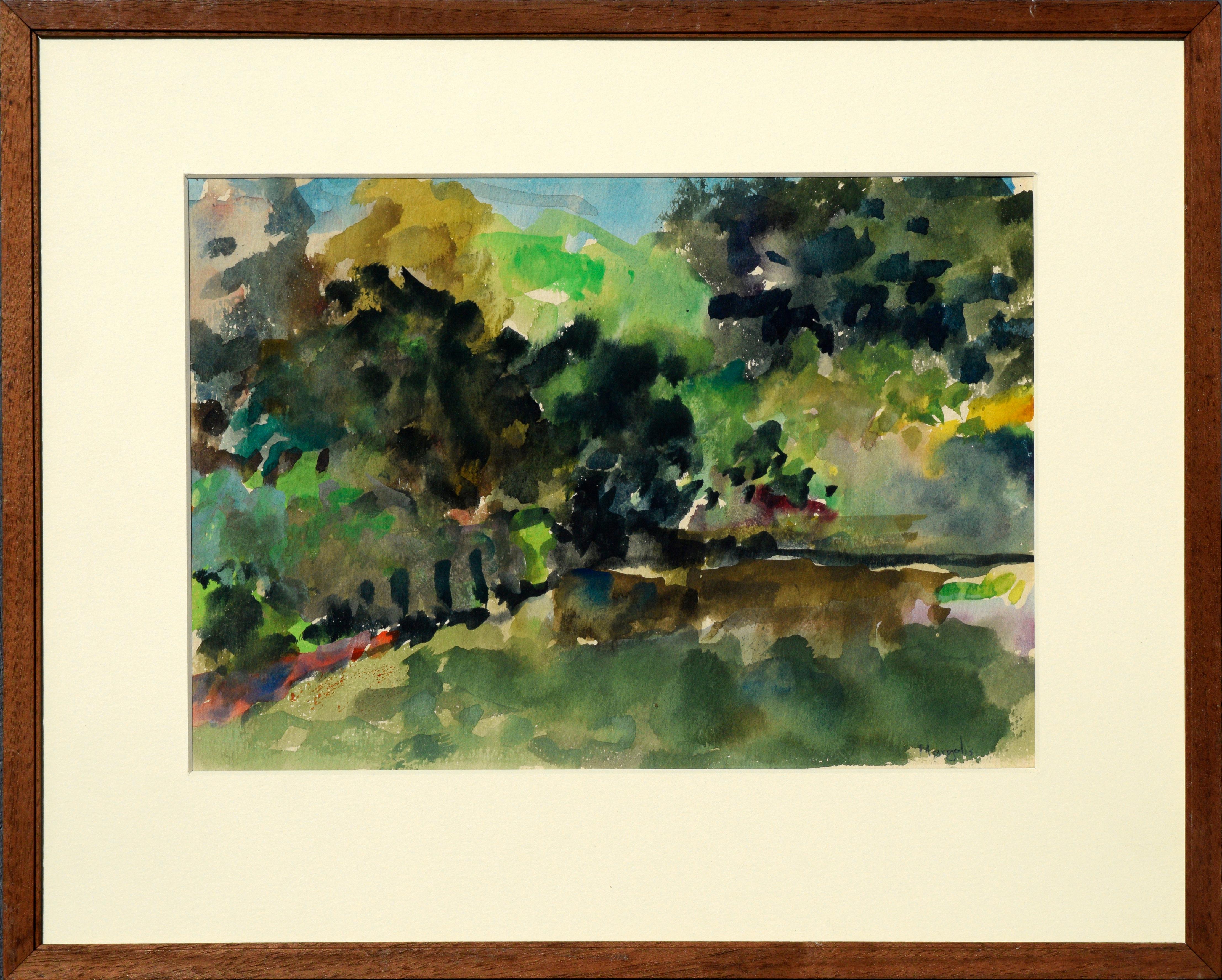 Paysage expressionniste abstrait du milieu du siècle dernier représentant le lac Anza et la baie de Berkeley, avec décor décoratif 