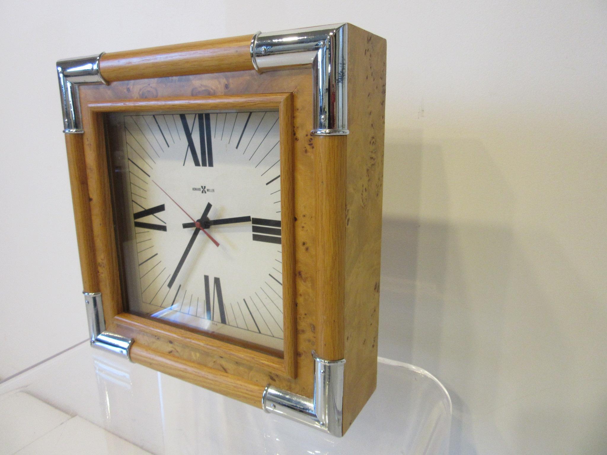 Modern Howard Miller Burl / Chrome Wall Clock