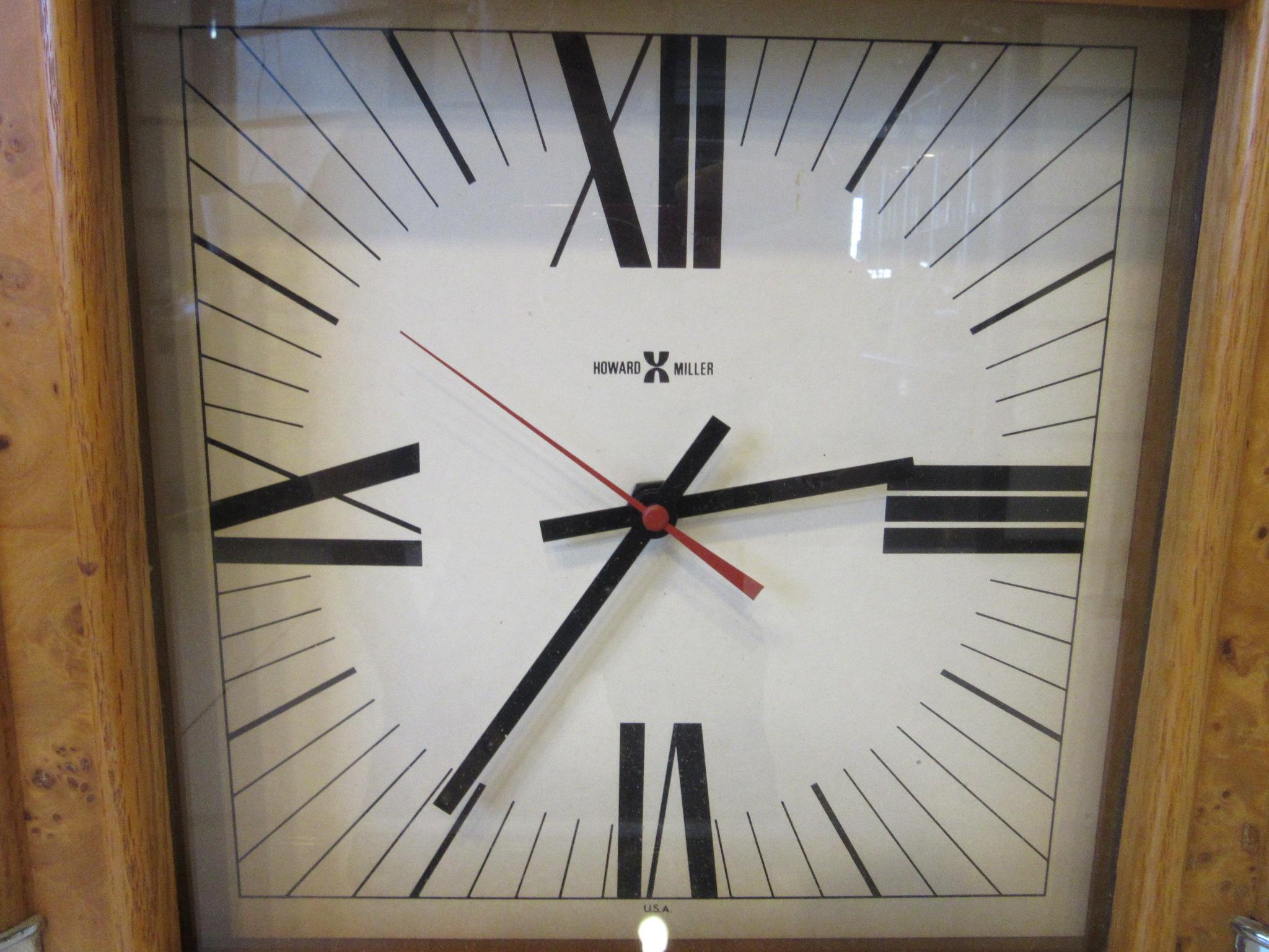 20th Century Howard Miller Burl / Chrome Wall Clock