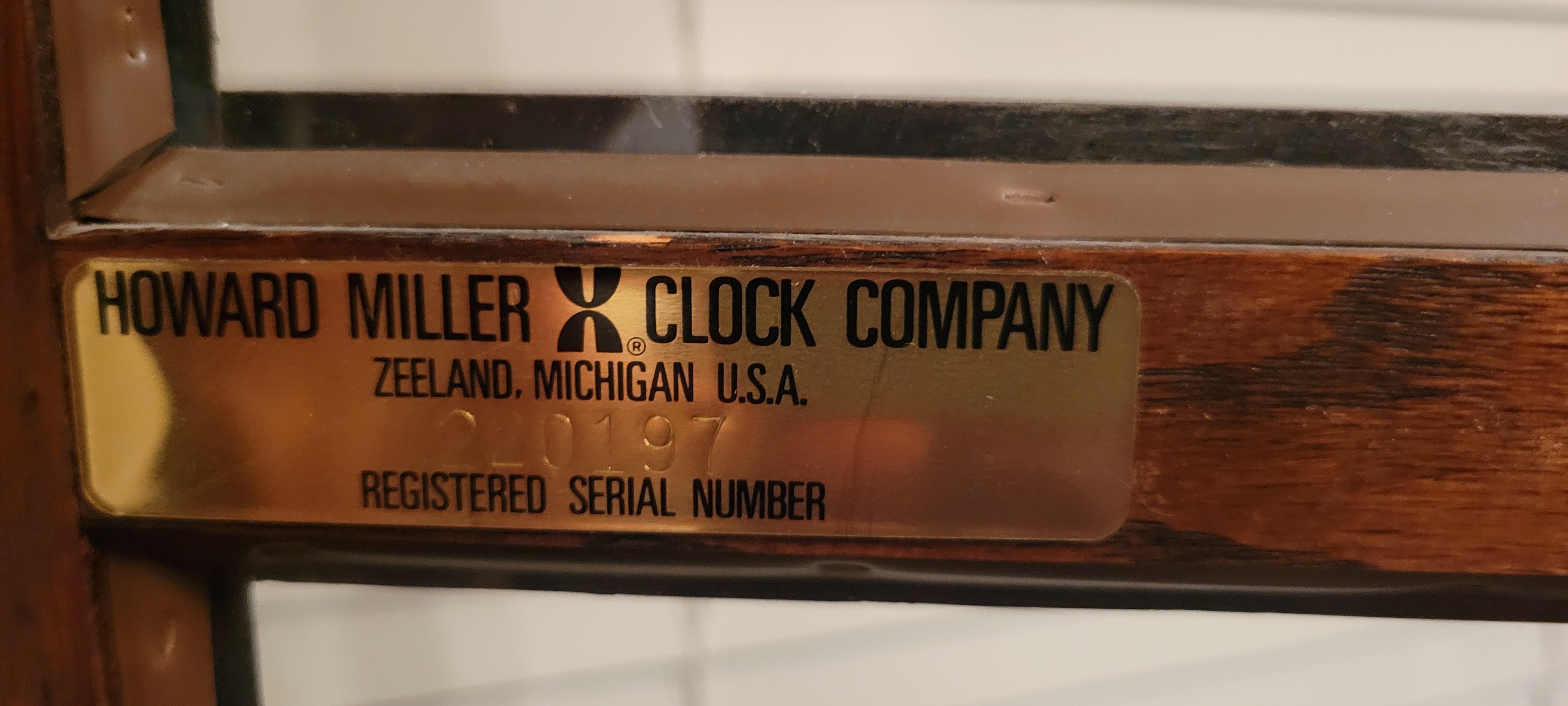 Howard Miller Grandfather clock. It works well and has a beautiful deep-tone Westminster chime.
Registration plate dates this clock to December of 1979.
The clock is 77
