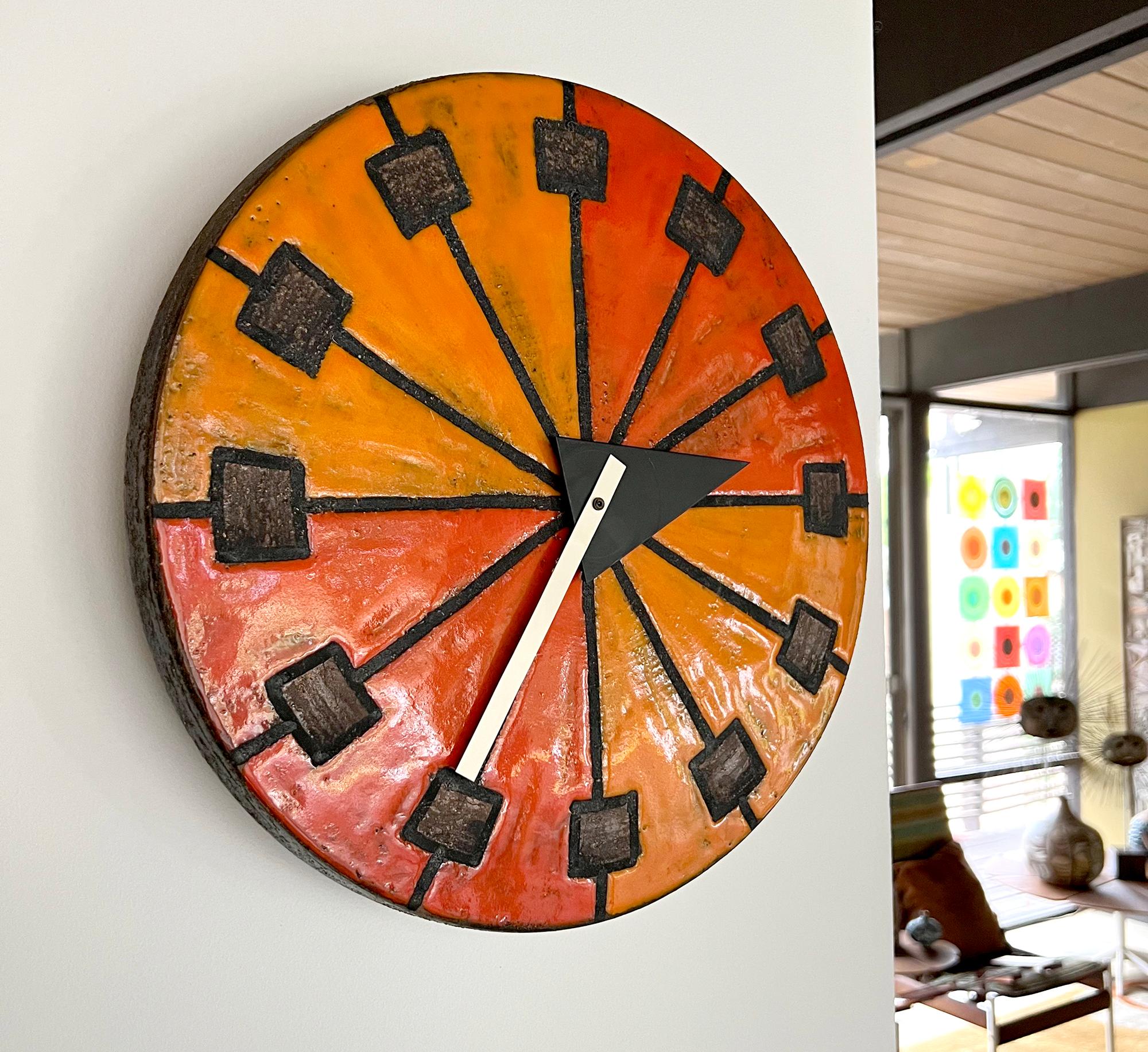 Howard Miller Italian Modernist Orange Bitossi for Raymor Clock   In Fair Condition For Sale In Palm Springs, CA