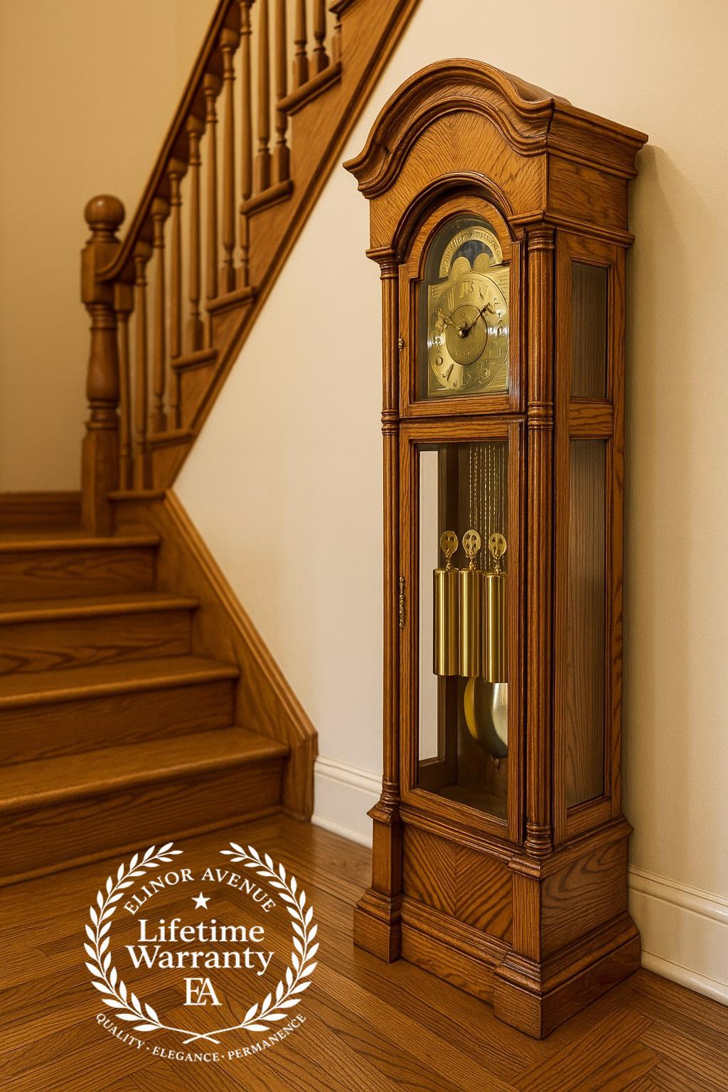 Pristine Howard Miller “Jonathan” Grandfather Clock – Timeless Elegance in Oak
Elevate your home with the refined presence of this Howard Miller Grandfather Clock, a rare and elegant timepiece in pristine condition. Crafted in lustrous golden oak,