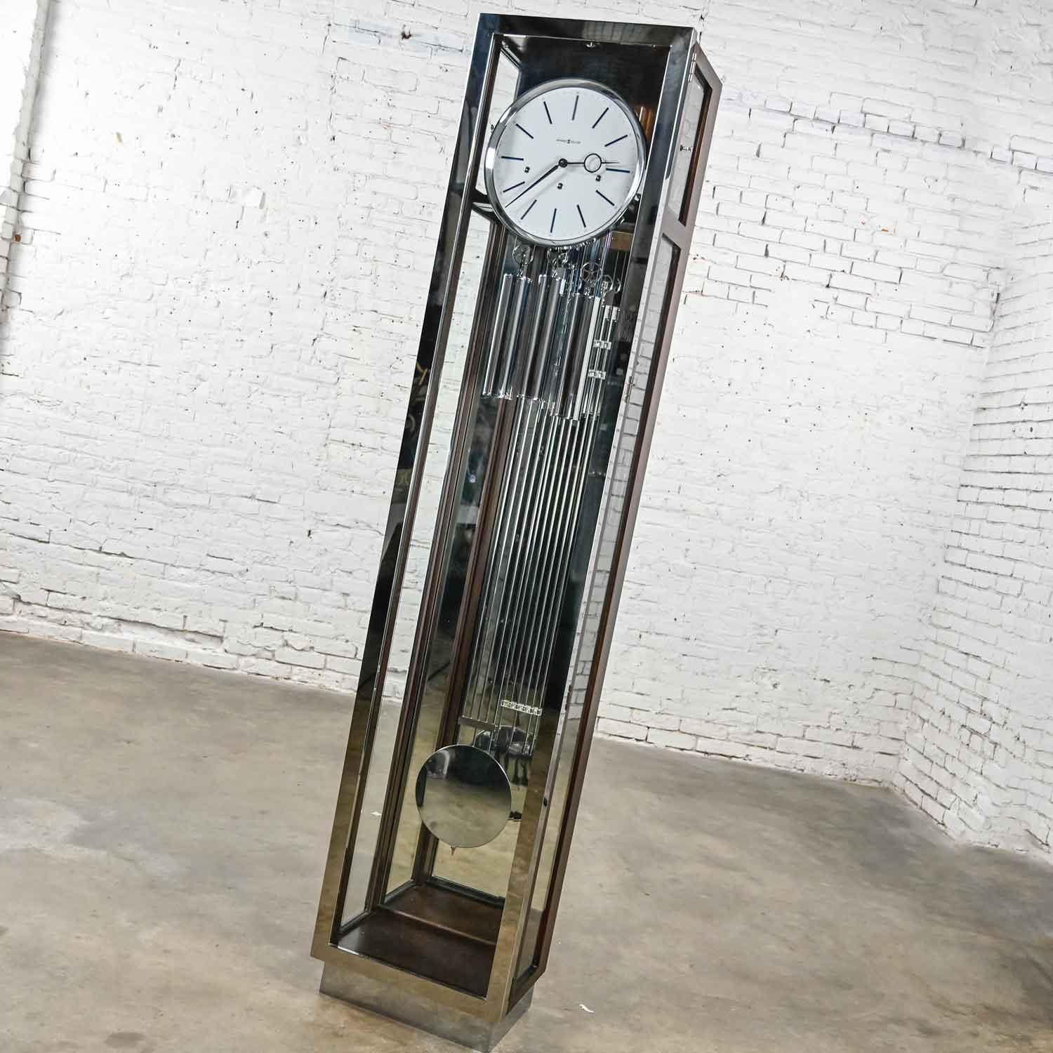 Modern Howard Miller Quinten Model 611-216 Chrome & Espresso Floor Grandfather Clock