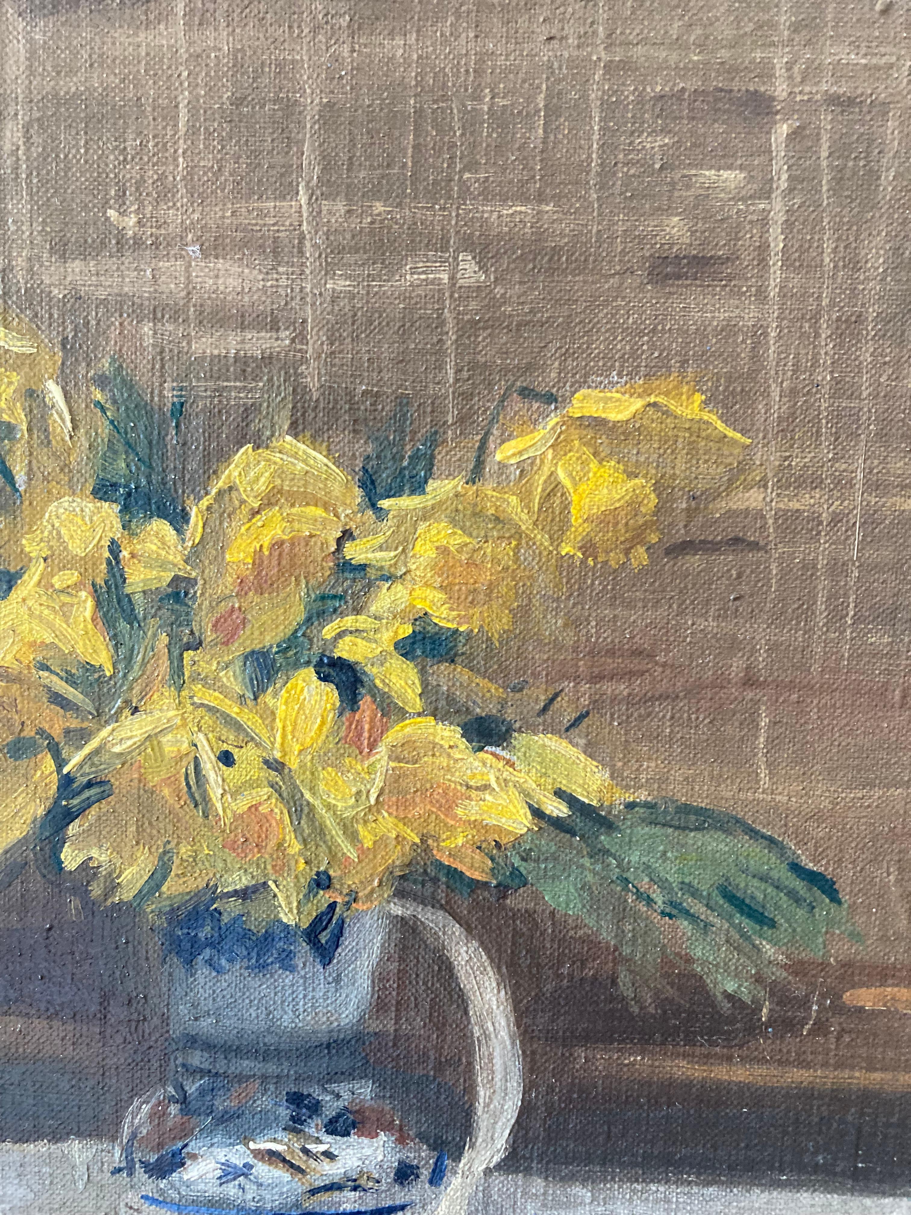 A most attractive and striking image of daffodils placed against a darker background

Howard J Morgan (1949-2020)
Daffodils in a china jug
Signed and Stamped with studio stamp to the reverse
Oil on canvas laid to board
10½ x 8½ inches without