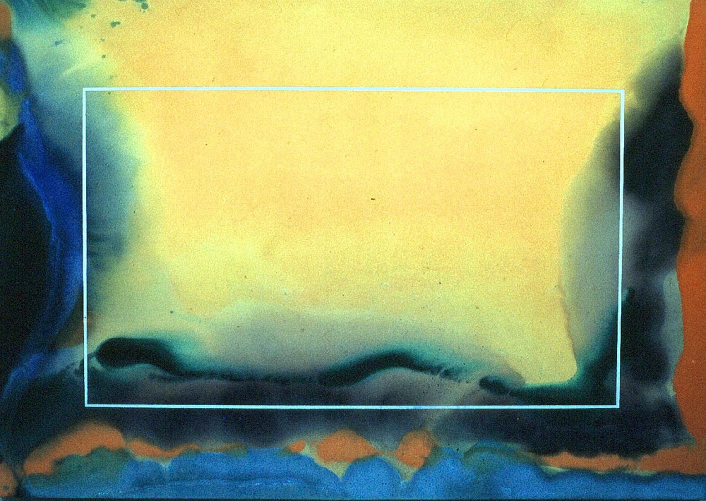 Howard Nathenson Abstract Painting –  “Across the Divide”, stained canvas in yellows and blues