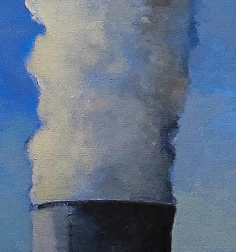 “Column” white clouds swirl and steam over industrial grays and blues - Abstract Painting by Howard Nathenson