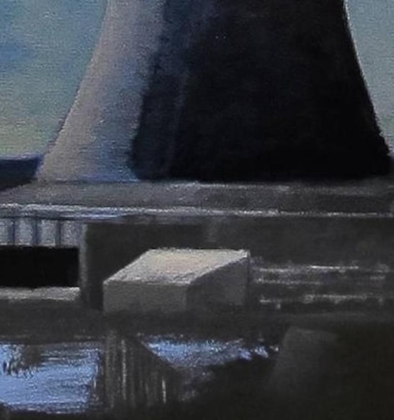 Column white clouds swirl and steam over industrial grays and blues. It is from a series of the artist’s reflections on the industrial age, much of which has become part of the contemporary landscape. The artist’s imagery embraces symbolism,
