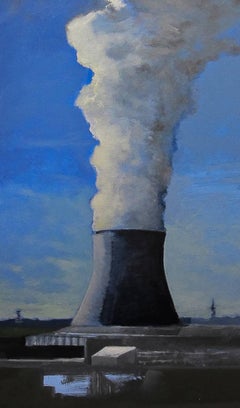 “Column” white clouds swirl and steam over industrial grays and blues