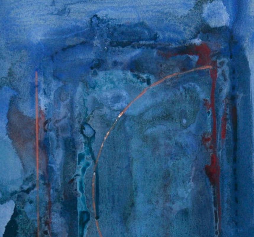 “Doors of Perception Two” paper stained in blues - Abstract Painting by Howard Nathenson