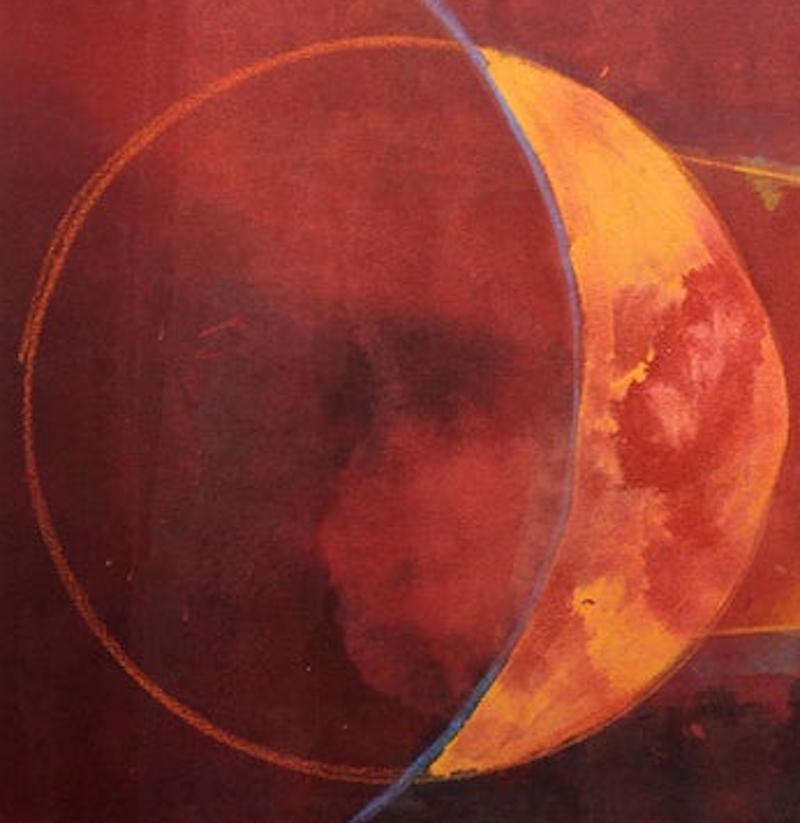 “Geo Bio Eclipse” canvas stained in reds and oranges - Abstract Painting by Howard Nathenson