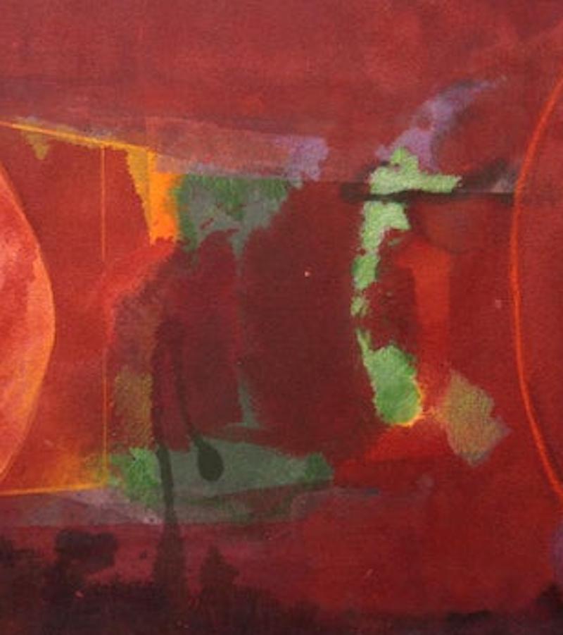 “Geo Bio Eclipse” canvas stained in reds and oranges - Brown Abstract Painting by Howard Nathenson