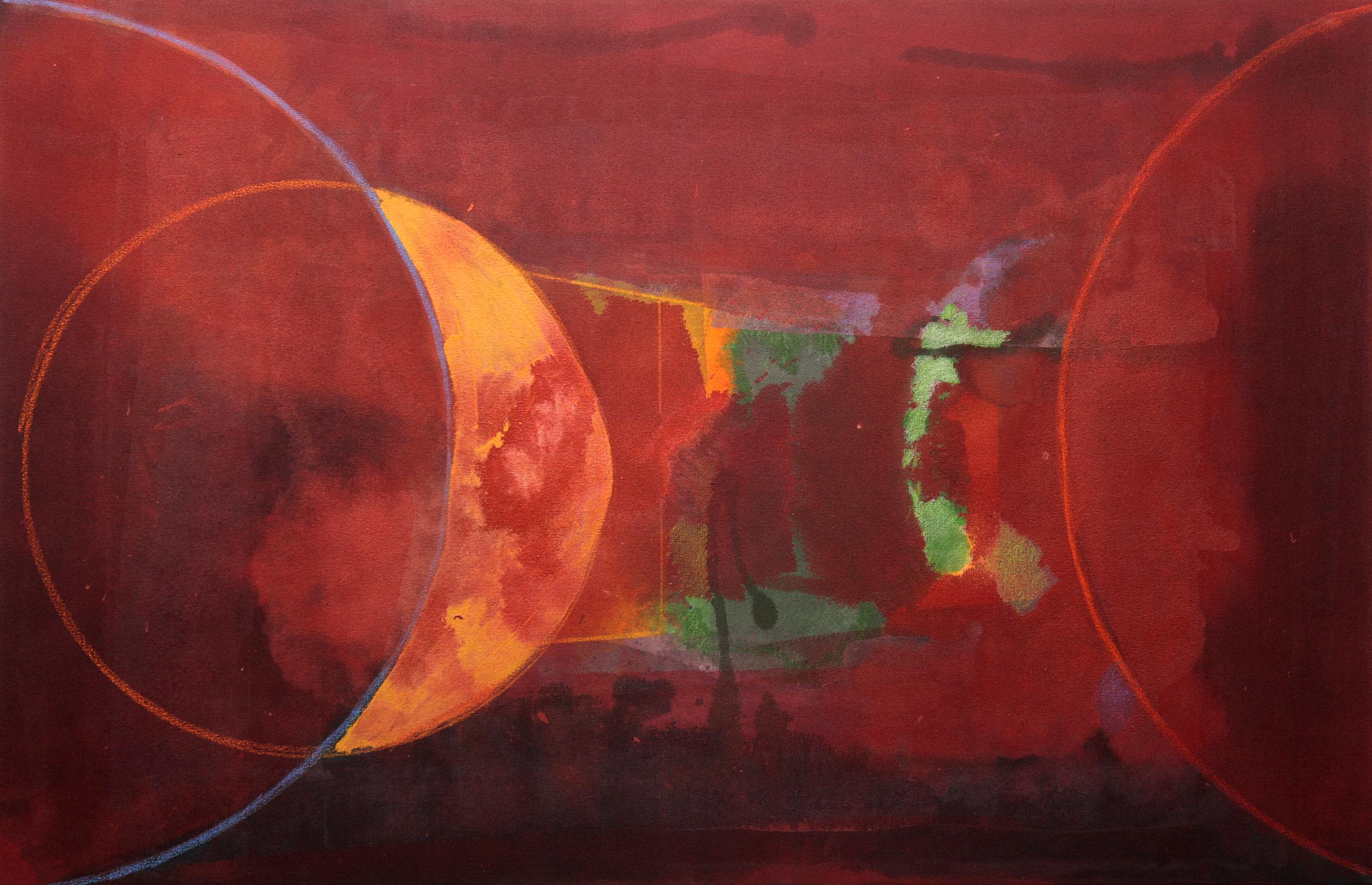 Howard Nathenson Abstract Painting - “Geo Bio Eclipse” canvas stained in reds and oranges