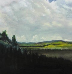 “New Valley View”,   white clouds churn across a pink and blue sky