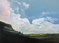 “New Valley View”,   white clouds churn across a pink and blue sky