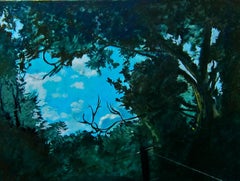 “Out My Window”, wind tossed blue sky framed by green foliage